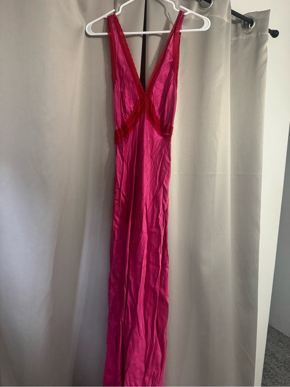 Fuchsia Satin Midi Dress with Lace Trim